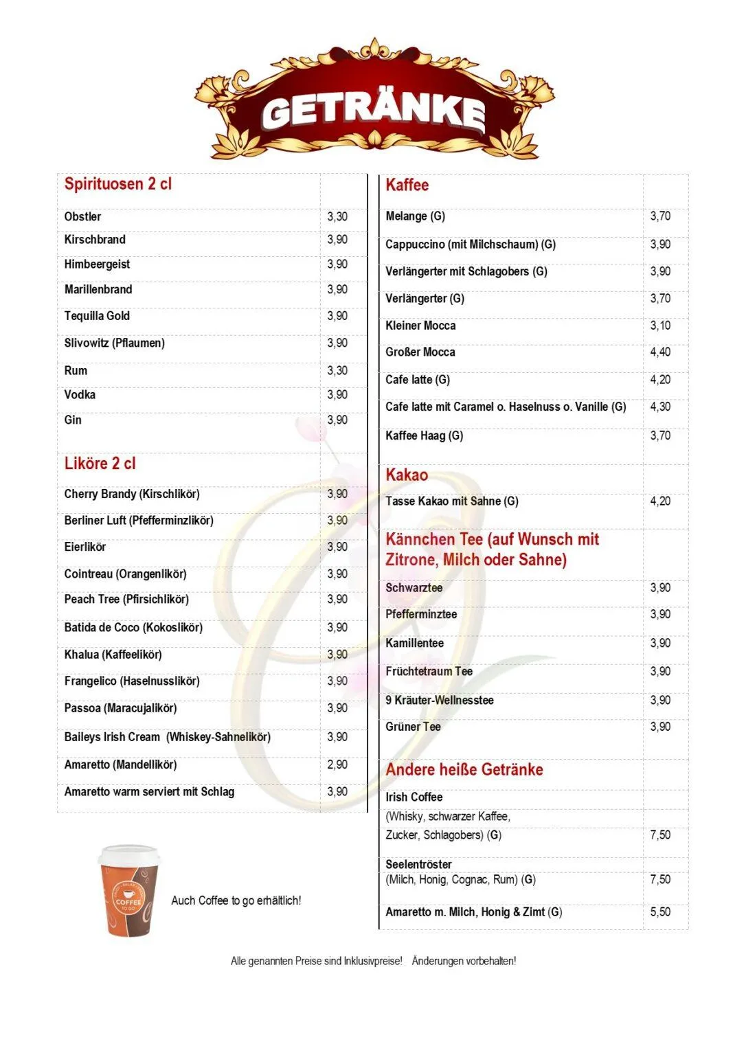 Getränkekarte Hotel Cafe Restaurant Orchidee am Klopeiner See mit Seeterrasse direkt am See mit Kinderspielplatz