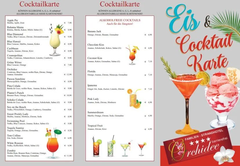 Cocktailkarte Hotel-Cafe-Restaurant Orchidee am Klopeiner See