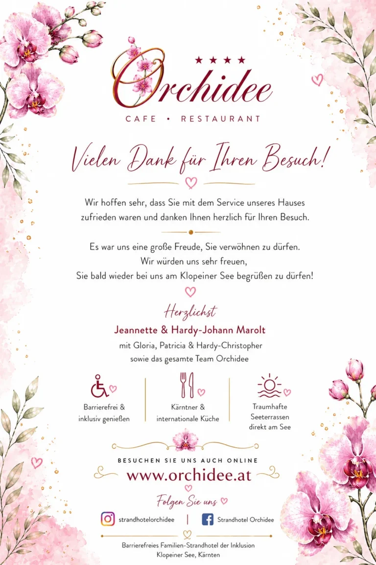 Speisekarte und Getränkekarte Hotel Cafe Restaurant Orchidee am Klopeiner See mit Seeterrasse direkt am See mit Kinderspielplatz