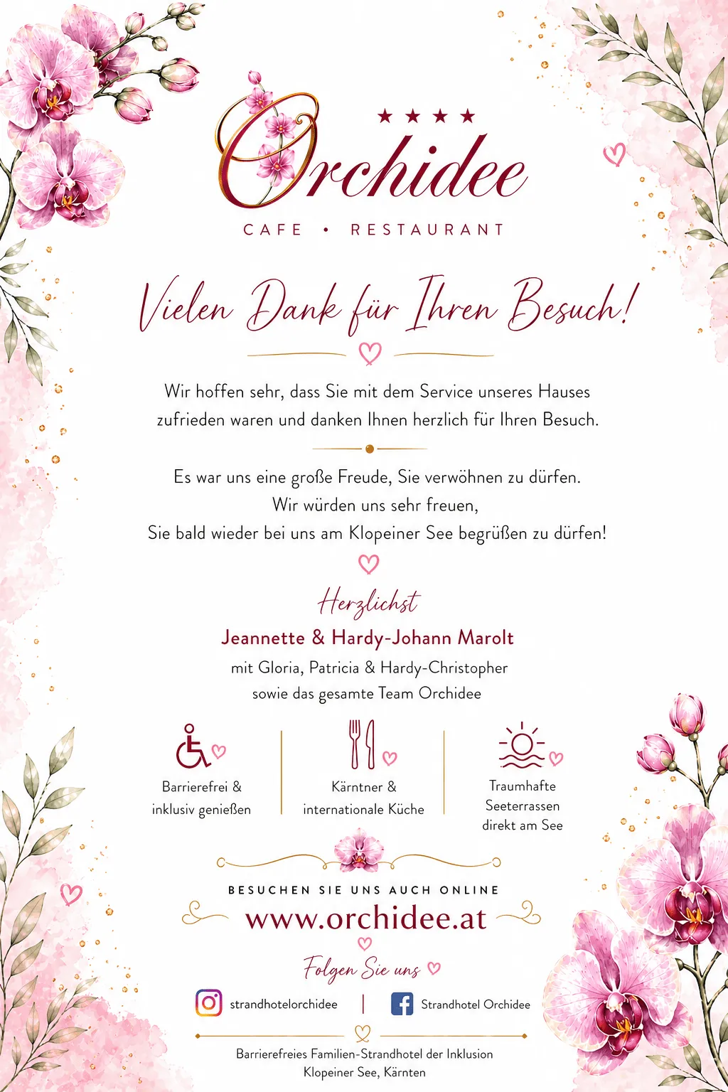 Speisekarte und Getränkekarte Hotel Cafe Restaurant Orchidee am Klopeiner See mit Seeterrasse direkt am See mit Kinderspielplatz