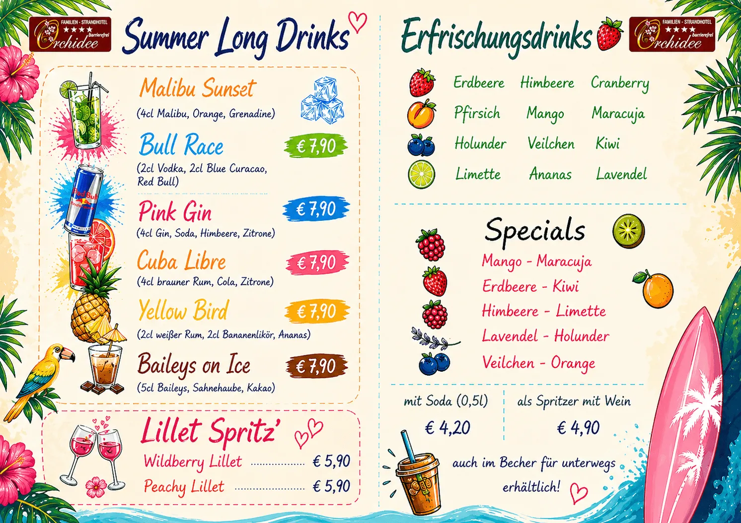 Sommerdrinks Cocktails Erfrischungsgetränke direkt am See im Strandhotel-Cafe-Restaurant Orchidee