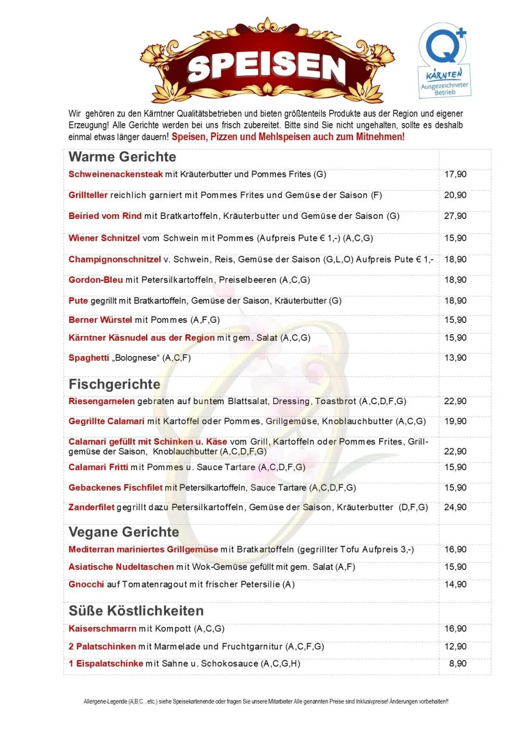 Speisekarte Hotel Cafe Restaurant Orchidee am Klopeiner See mit Seeterrasse direkt am See mit Kinderspielplatz