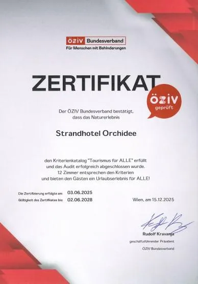ÖZIV Zertifikat barrierefreies Strandhotel der Inklusion Orchidee