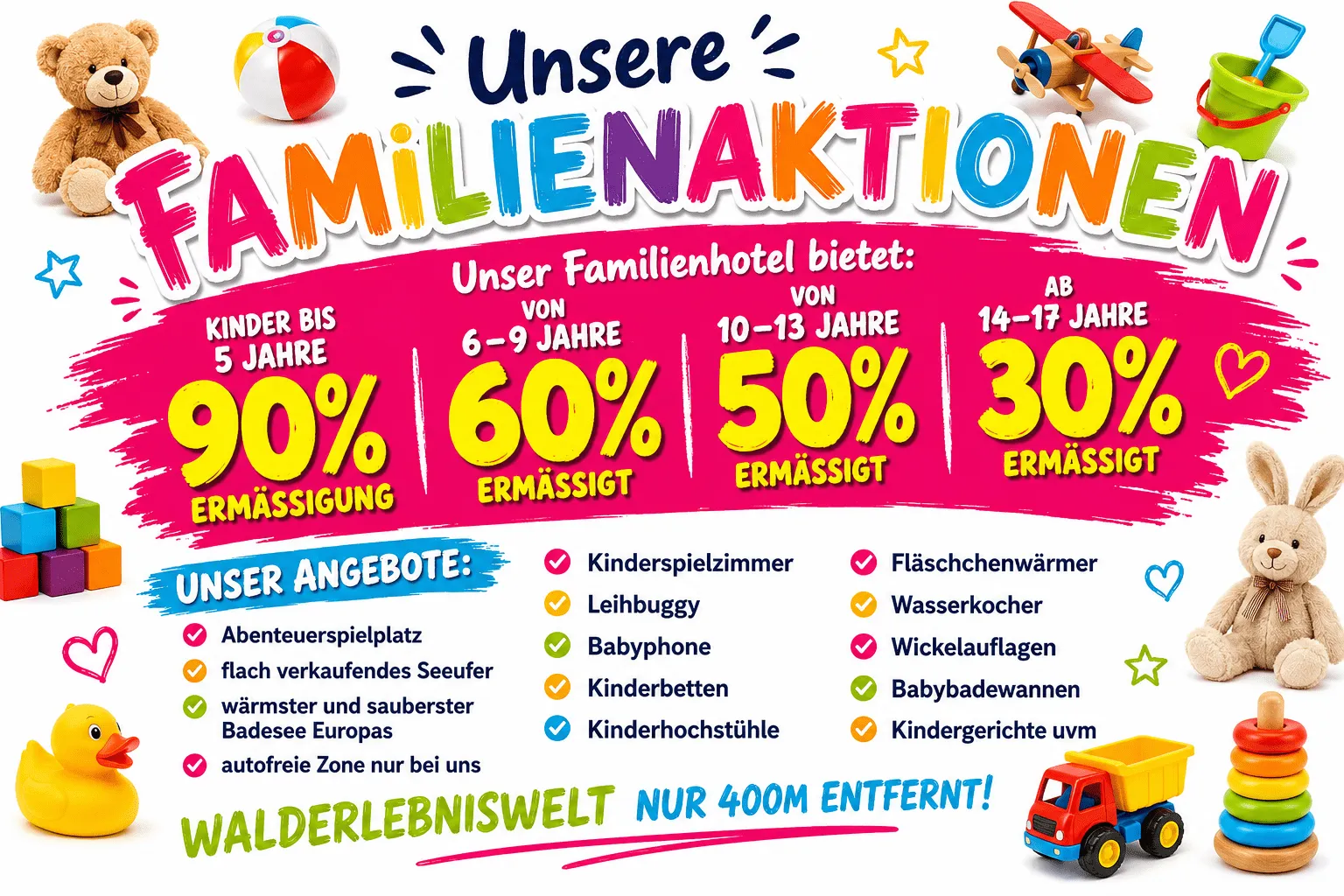 Familienangebote des Strandhotel Orchidee am Klopeiner See in Kärnten mit Kinderermäßigungen, Spielplatz, Babyausstattung und zahlreichen Inklusivleistungen für Familien