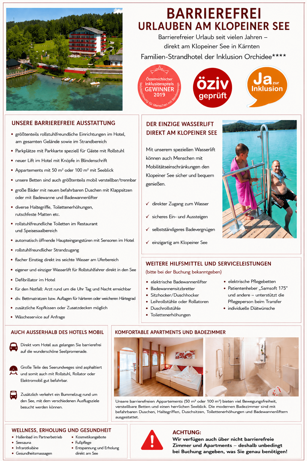 Barrierefreier Urlaub direkt am See mit Wasserlift im Strandhotel Orchidee am Klopeiner See