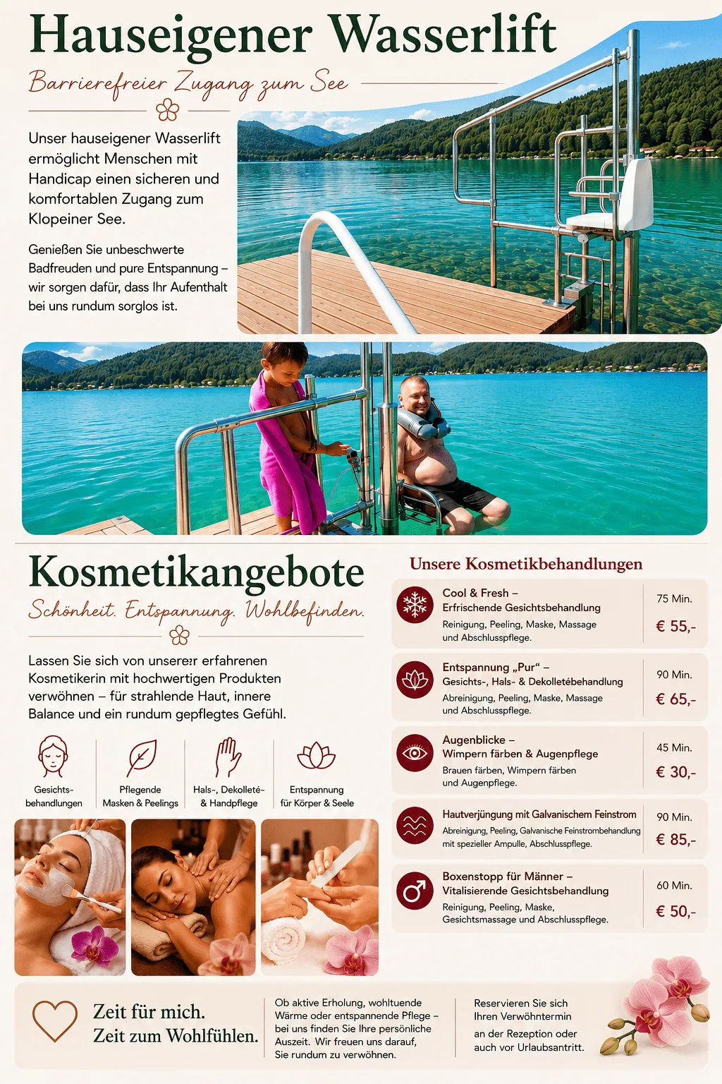 Hauseigener barrierefreier Wasserlift am Badesteg des Strandhotel Orchidee am Klopeiner See sowie Kosmetik- unde Wellnessangegbote.