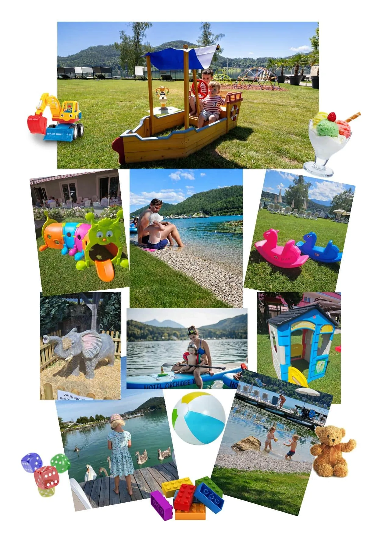 Spielplatz, Sandspielbereich, Wasserspaß und viele Freizeitangebote für Kinder im Strandhotel Orchidee am Klopeiner See in Kärnten.
