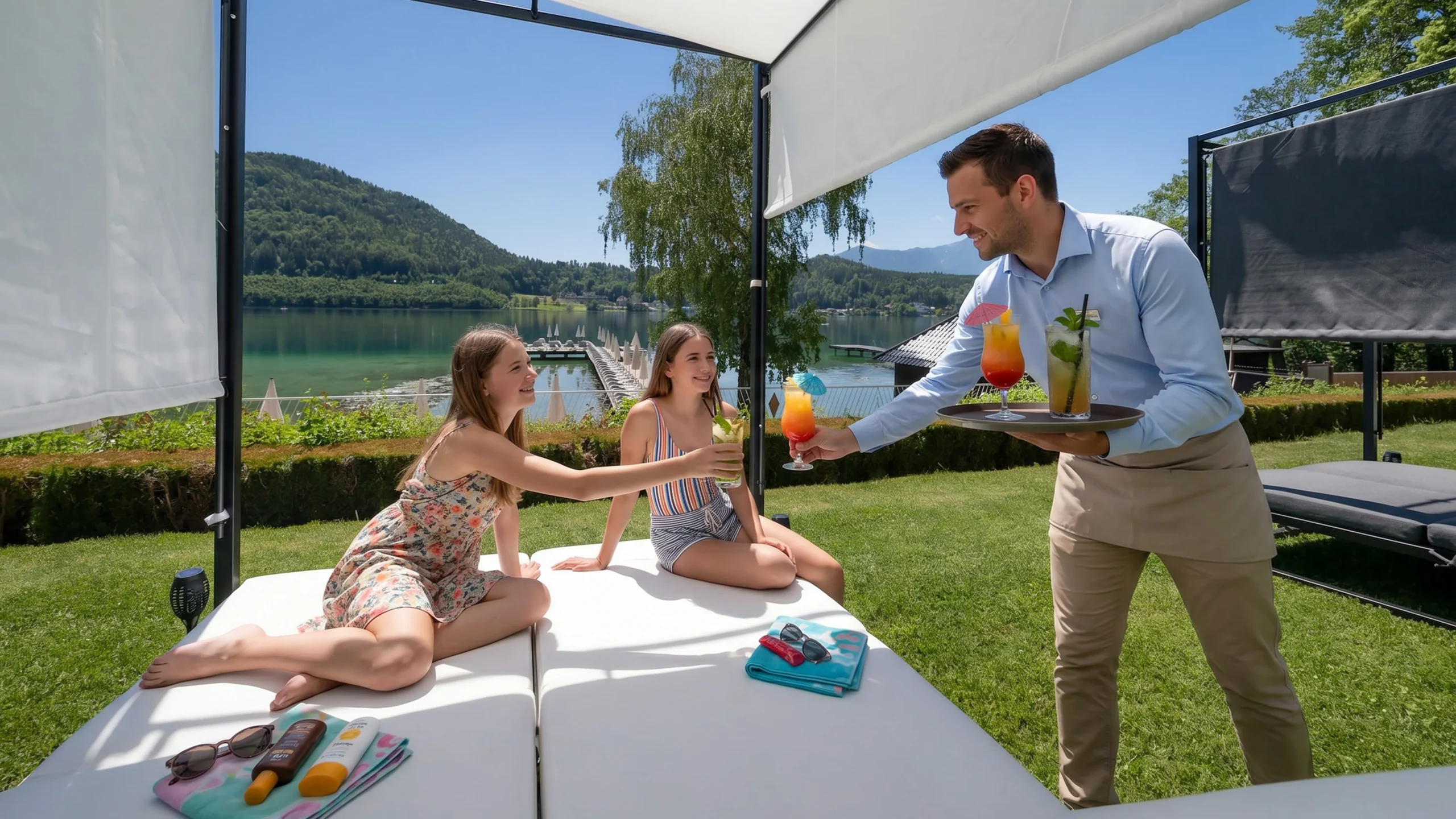 Barrierefreies Familienstrandhotel Orchidee mit hauseigenem Badesteg mit Wasserlift und Liegewiese mit neuen Daybeds