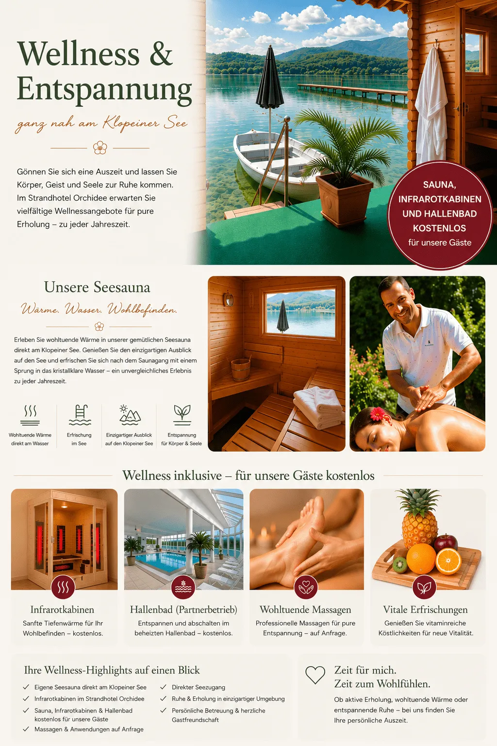 Wellnessbereich mit Seesauna, Infrarotkabine, Hallenbad im Partnerbetrieb und Massagen im Strandhotel Orchidee direkt am Klopeiner See in Kärnten.