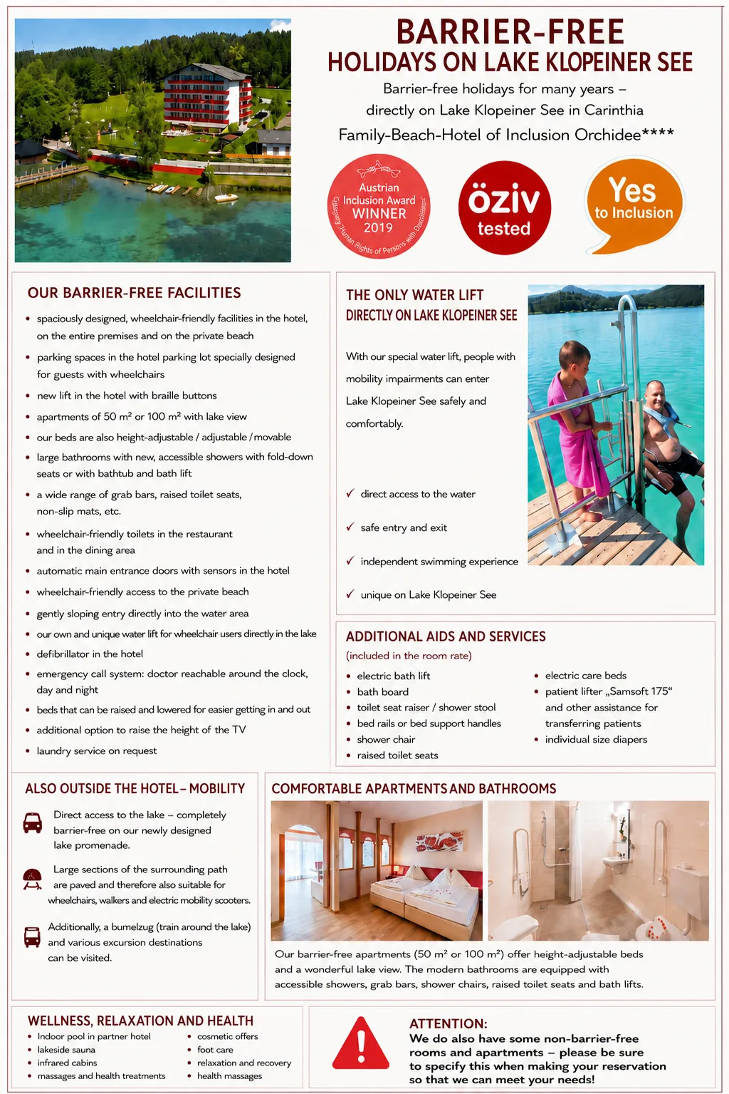 Barrier-free holidays at Lake Klopeiner See - accessible hotel with private beach, water lift and wheelchair-friendly apartments in Carinthia.