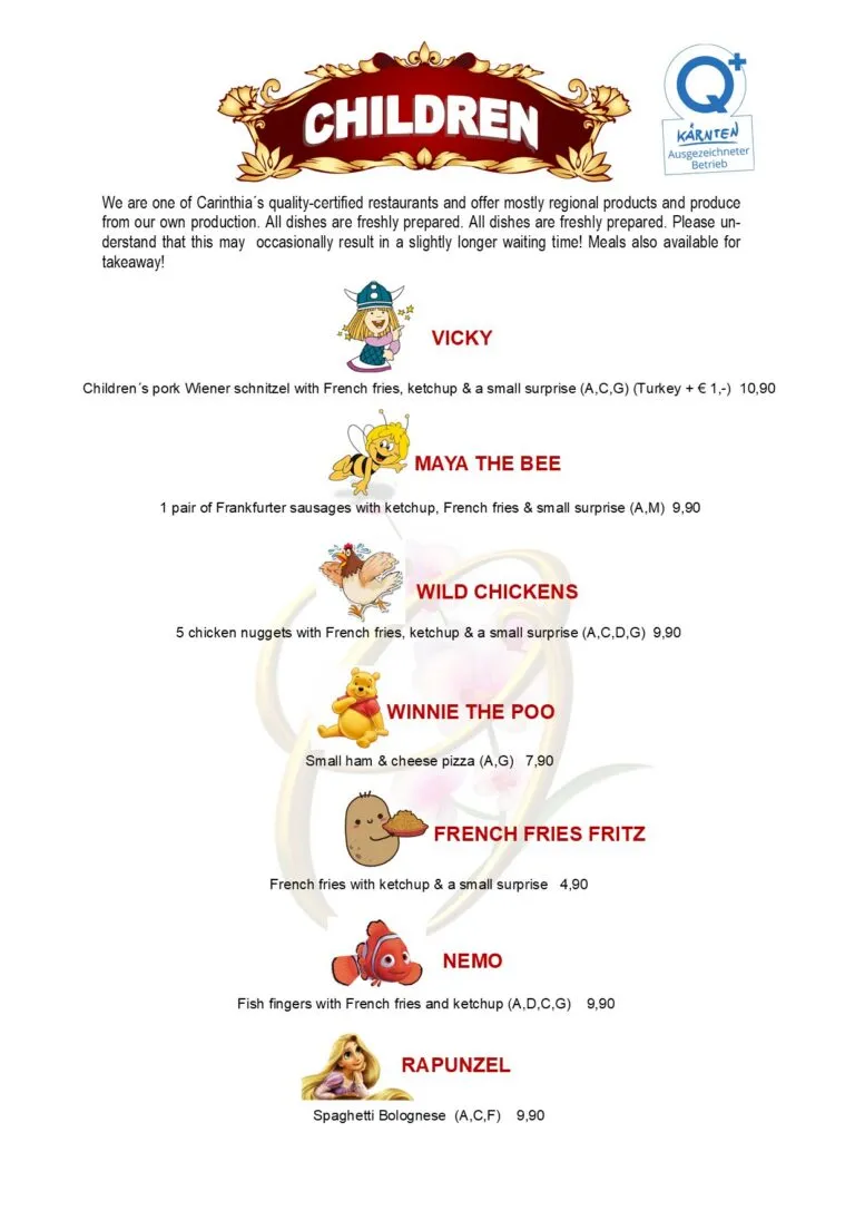 Children´s menu at Family Beach Hotel Orchidee**** - kids´meals with schnitzel, nuggets, pizza, fish fingers and spaghetti at Lake Klopeiner See, Carinthia, Austria