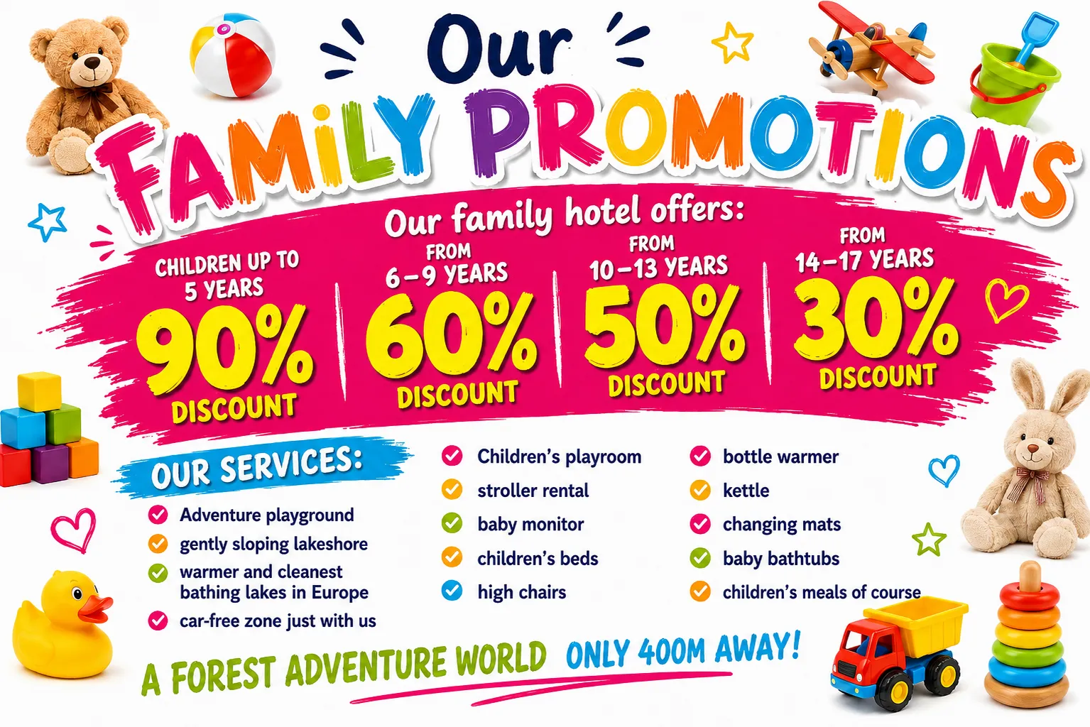 Family holiday offers at the barrier-free Beachhotel Strandhotel Orchidee on Lake Klopeiner See with children´s discounts, playground, baby equipment and family-friendly services