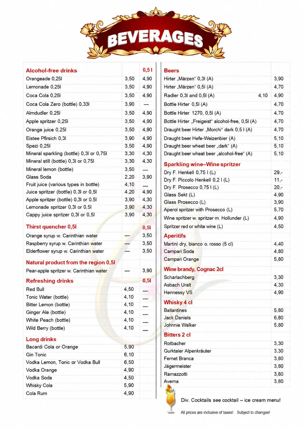 Beverage menu with soft drinks, beer, wine, cocktails, spirits and long drinks at Café-Restaurant Strandhotel Orchidee on Lake Klopeiner See