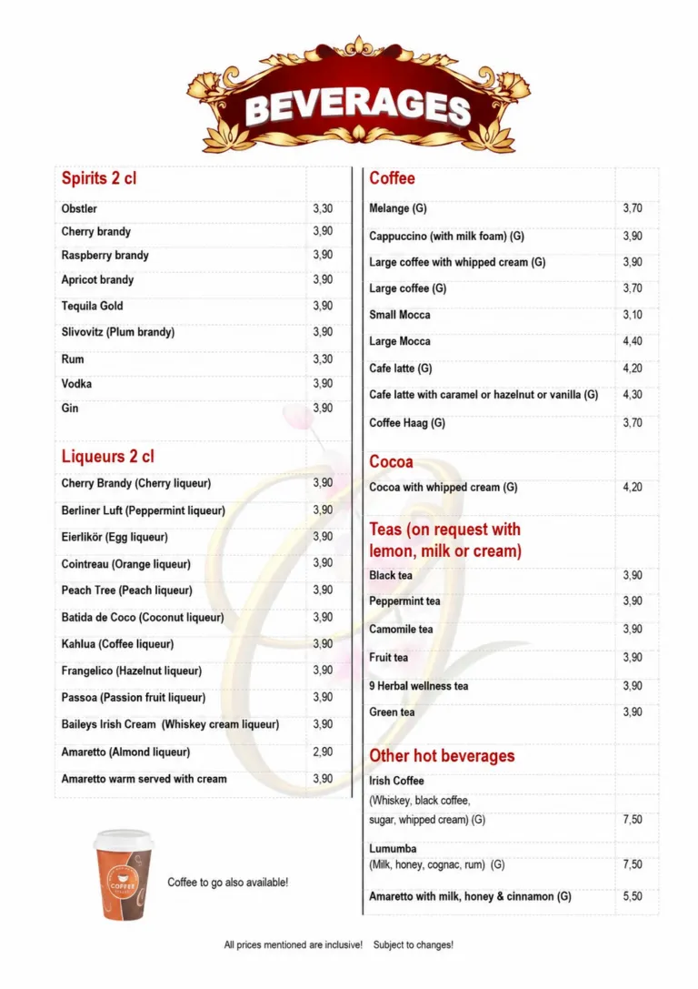 Beverage menu with coffee, tea, spirits, liqueurs and hot drinks at Café-Restaurant Strandhotel Orchidee on Lake Klopeiner See
