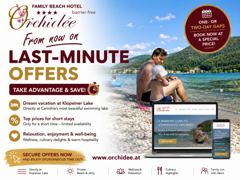 Last-minute holiday offers at the barrier-free Beachhotel Orchidee **** on Lake Klopeinersee with private beach, unique water lift for guests with a wheelchair, wellness and short stay specials