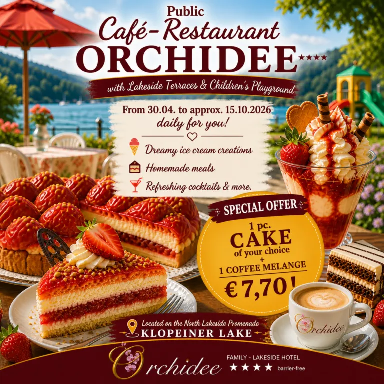 Public Café-Restaurant Strandhotel Orchidee on Lake Klopeiner See with lakeside terrace, homemade cakes, ice cream, coffee, cocktails and children´s playground