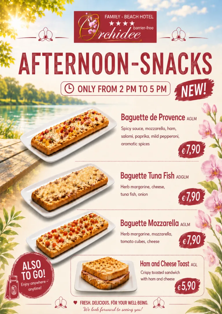 Afternoon snack menu with baguettes and ham & cheese toast at Café-Restaurant Strandhotel Orchidee on Lake Klopeiner See