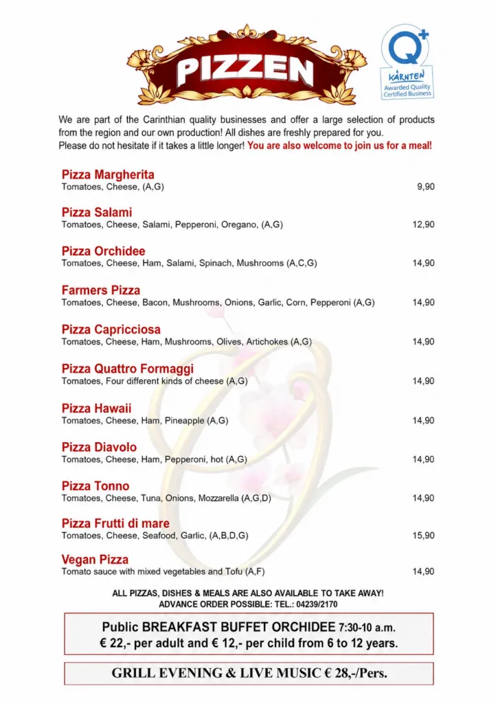 Pizza menu with classic, vegetarian, vegan and seafood pizzas at Café-Restaurant Strandhotel Orchidee on Lake Klopeiner See