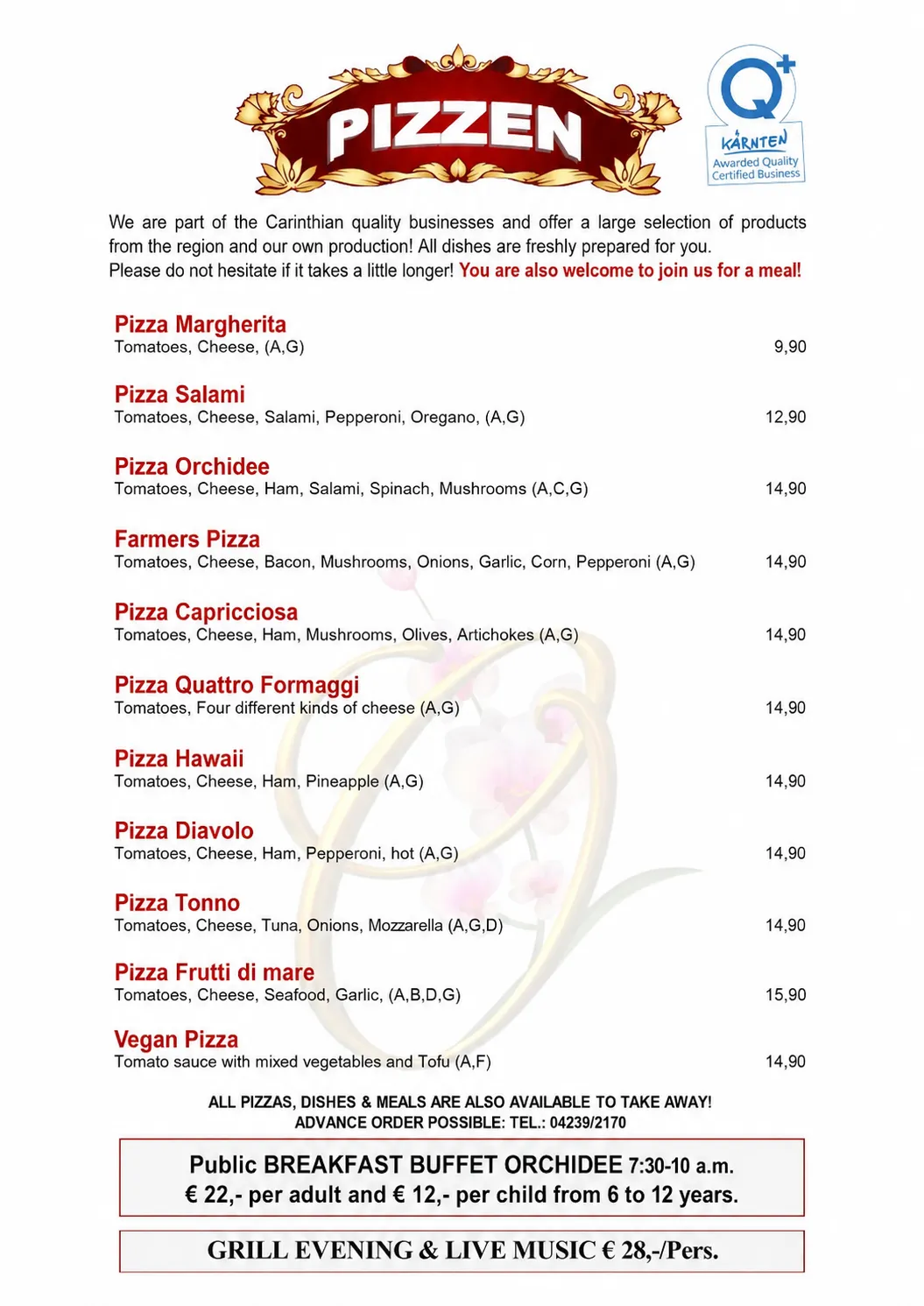 Pizza menu with classic, vegetarian, vegan and seafood pizzas at Café-Restaurant Strandhotel Orchidee on Lake Klopeiner See