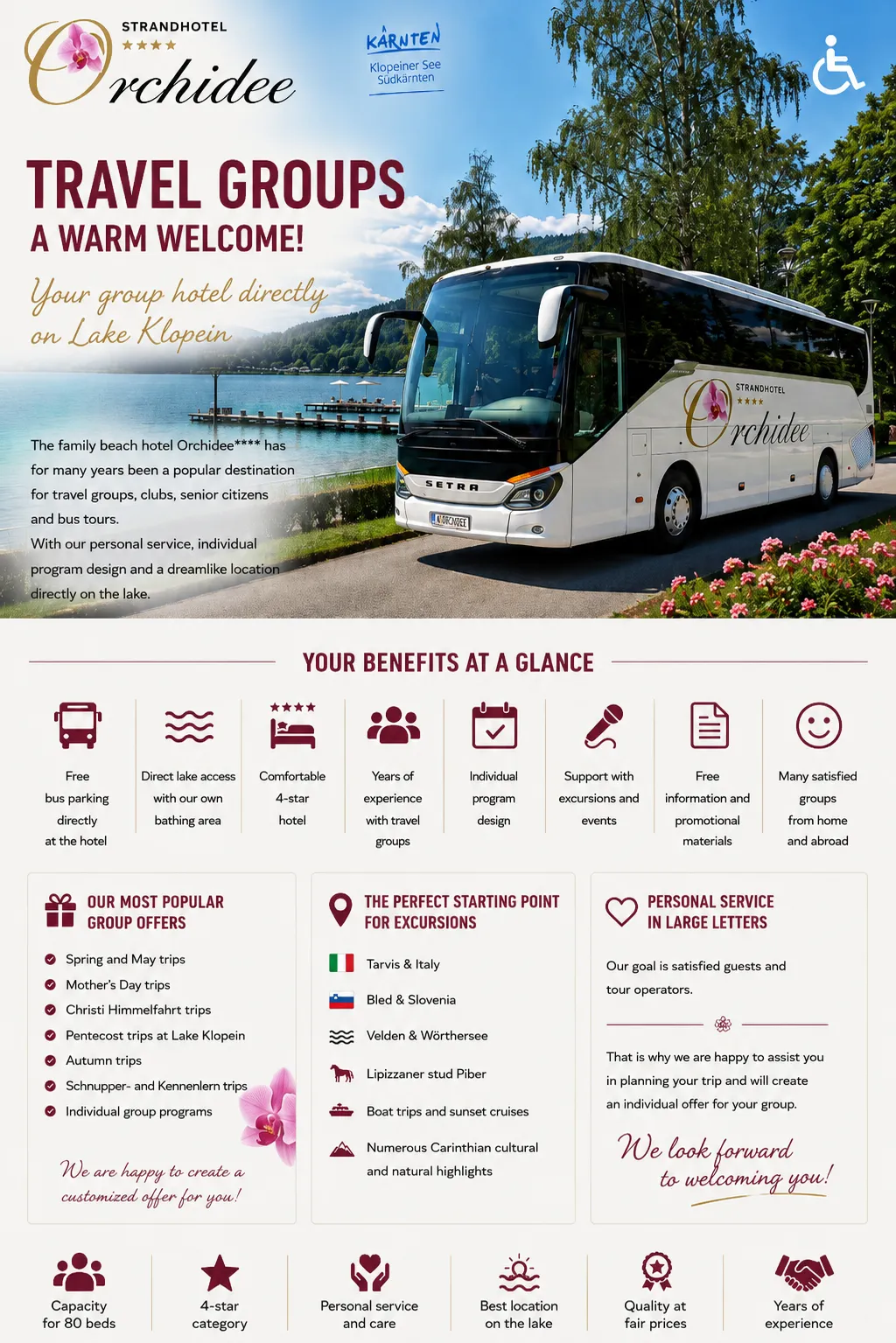 Accessible group hotel for coach tours and travel groups at Strandhotel Orchidee on Lake Klopeiner See with barrier-free accommodation and lakeside location