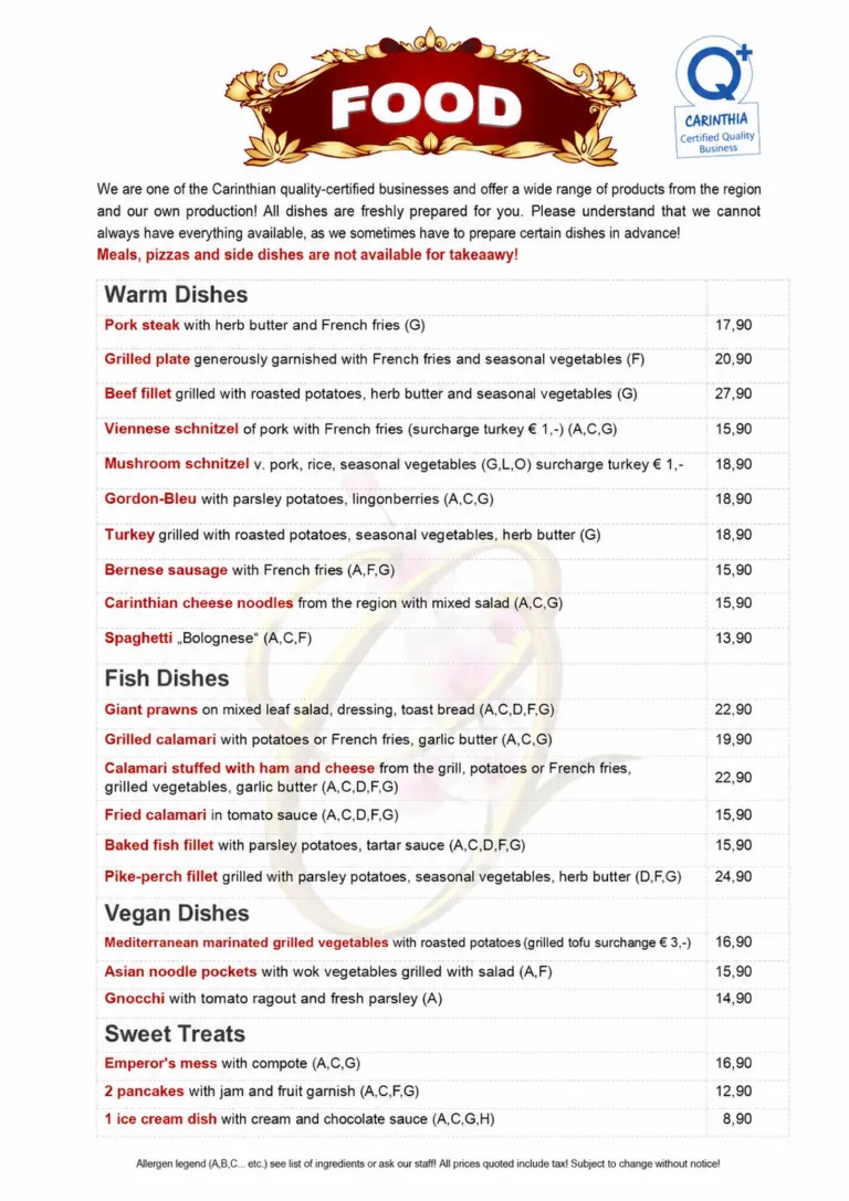 Restaurant menu with warm dishes, fish specialties, vegan meals and desserts at Café-Restaurant Strandhotel Orchidee on Lake Klopeiner See