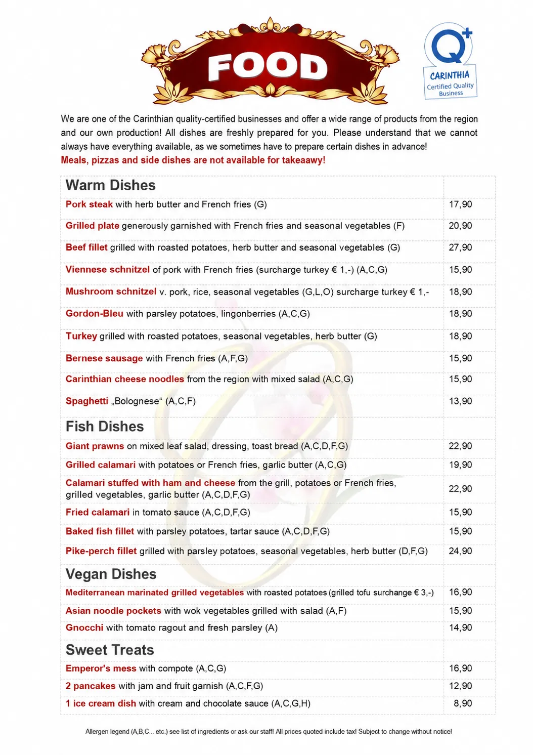 Restaurant menu with warm dishes, fish specialties, vegan meals and desserts at Café-Restaurant Strandhotel Orchidee on Lake Klopeiner See