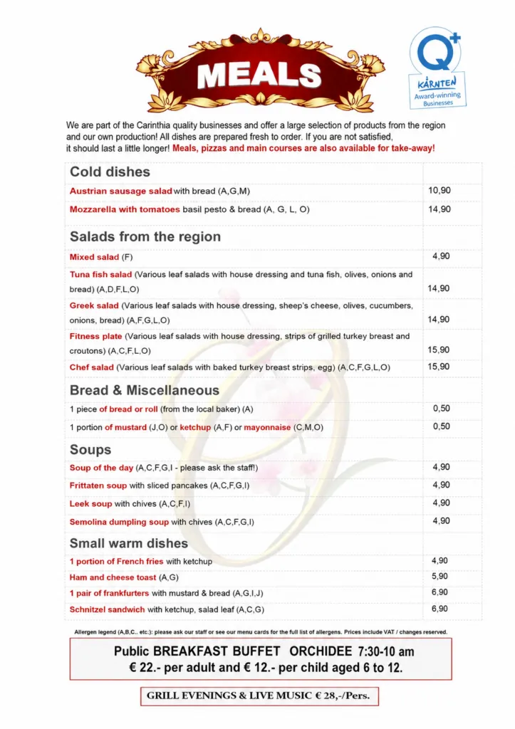 Restaurant menu with cold dishes, regional salads, soups and small warm meals at Café-Restaurant Strandhotel Orchidee on Lake Klopeiner See