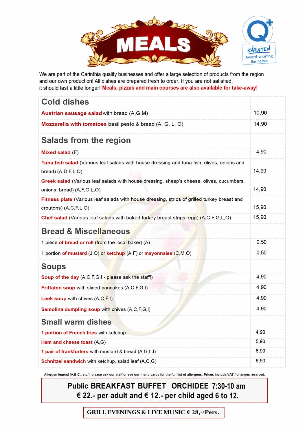 Restaurant menu with cold dishes, regional salads, soups and small warm meals at Café-Restaurant Strandhotel Orchidee on Lake Klopeiner See