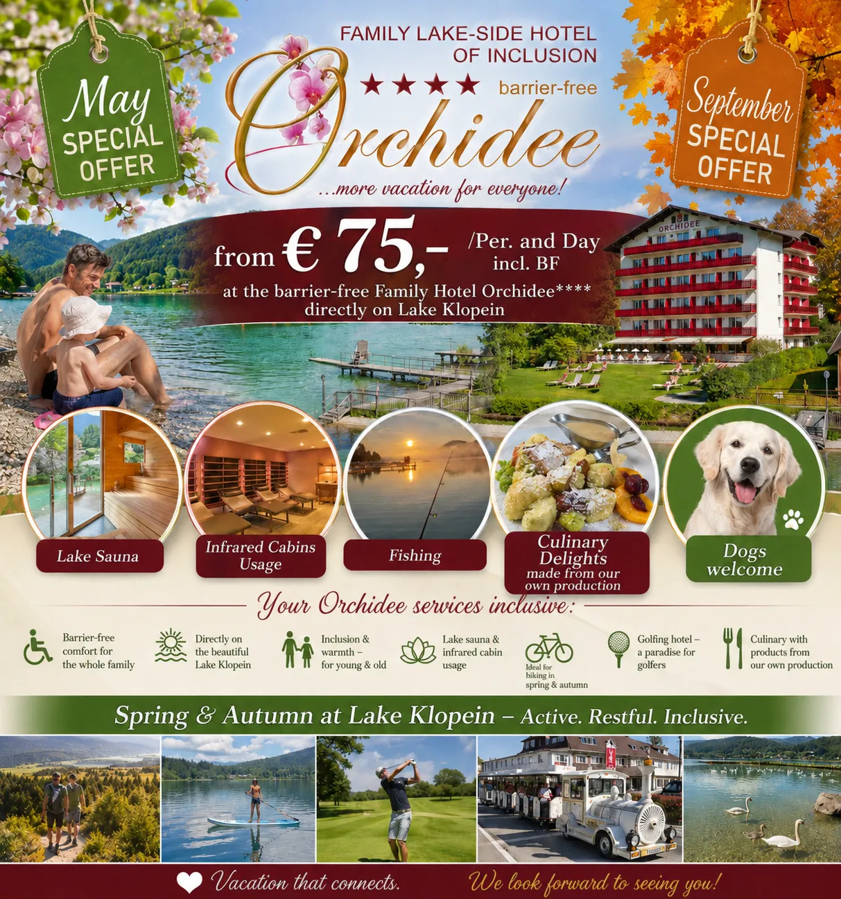 Special offer at the barrier-free family hotel Strandhotel Orchidee on Lake Klopeiner See with wellness, lakeside sauna, fishing, dog-friendly holidays and inclusive services