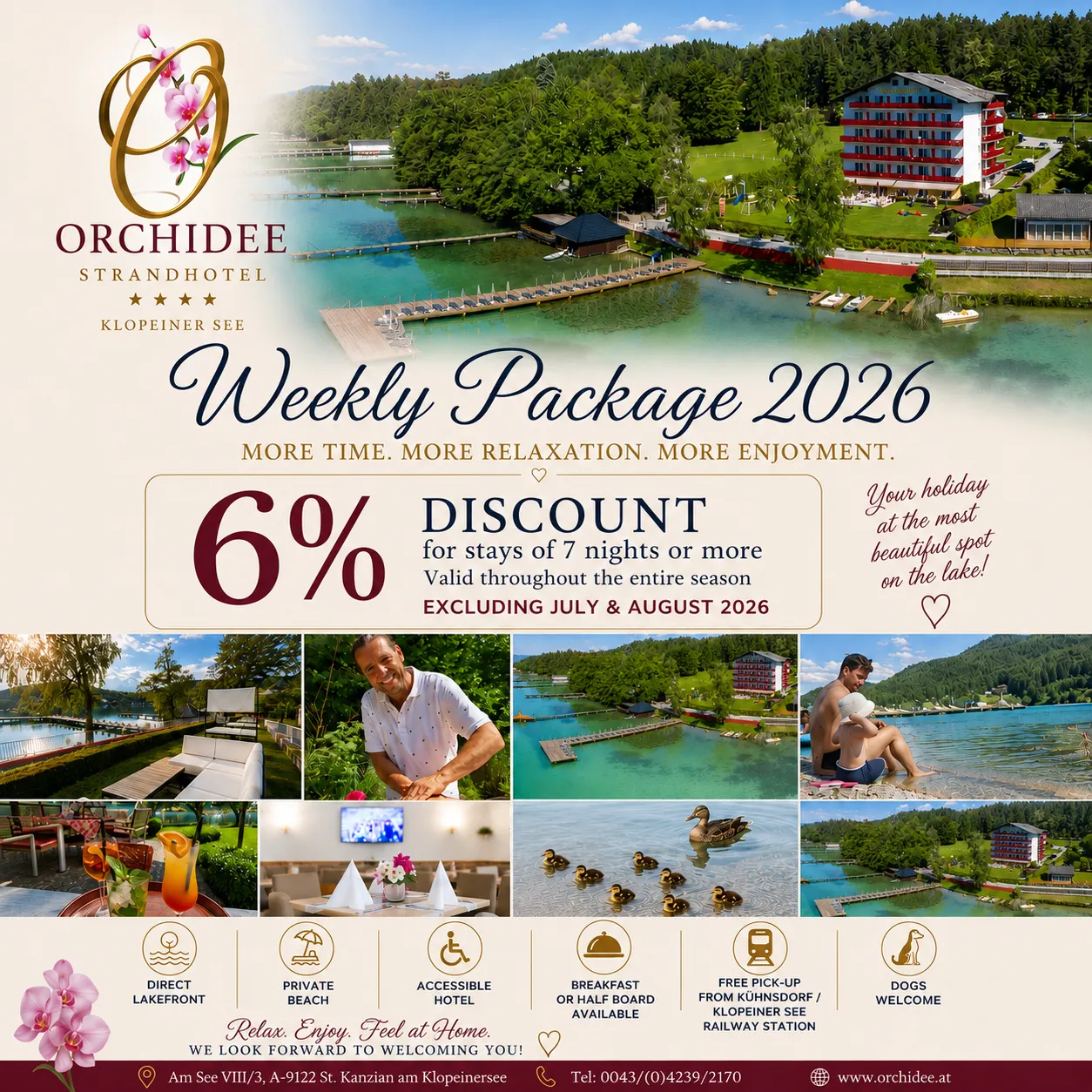 Weekly Package 2026 at Family Beach Hotel Orchidee**** - 6% discount for stays of 7 nights or more at Lake Klopeiner See, Carinthia, Austria