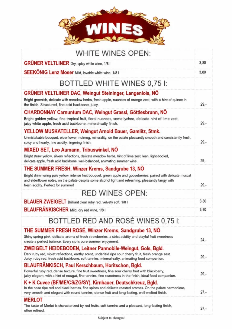 Wine menu with Austrian white, red and rosé wines at the restaurant of Strandhotel Orchidee on Lake Klopeiner See, Carinthia, Austria