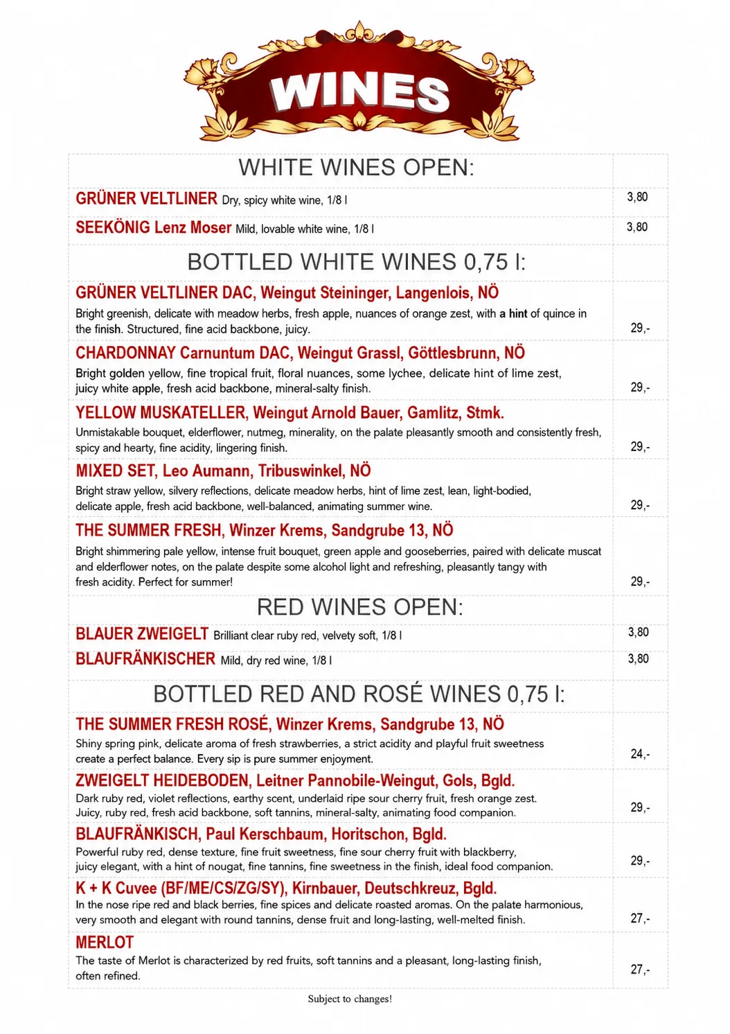 Wine menu with Austrian white, red and rosé wines at the restaurant of Strandhotel Orchidee on Lake Klopeiner See, Carinthia, Austria