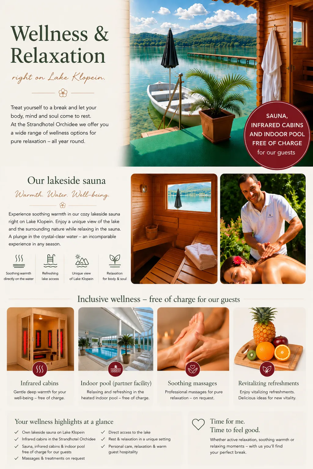 Wellness and relaxation at Family Beach Hotel Orchidee**** - lakeside sauna, infrared cabins, indoor pool at the partner hotel and massages at Lake Klopeiner See, Carinthia, Austria.
