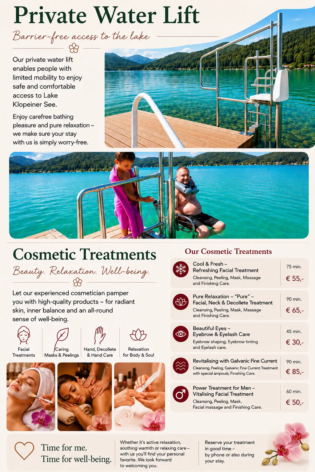 Accessible water lift for wheelchair drivers at Lake Klopeiner See and beauty treatments at Family Beach Hotel Orchidee**** in Carinthia, Austria.