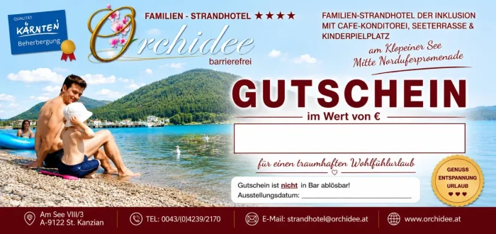 Geschenkgutschein für einen Urlaub im barrierefreien 4-Sterne-Strandhotel Orchidee am Klopeiner See in Kärnten.