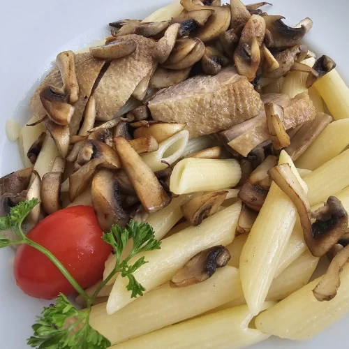 Ente mit Nudel und Pilze im öffentlichen Hotel-Cafe-Restaurant Orchidee am Klopeiner See Kärnten