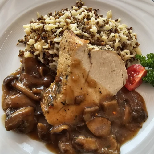 Schweinsbraten mit Reis Strandhotel Orchidee